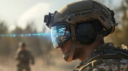 Futuristic soldier using augmented reality helmet in combat scenario