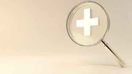 Fototapeta premium 3D rendered magnifier glass focusing on a white plus sign, with generous copy space for promoting positive mindset and healthcare concepts.