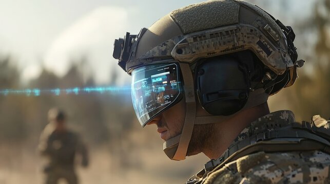 Futuristic soldier using augmented reality helmet in combat scenario