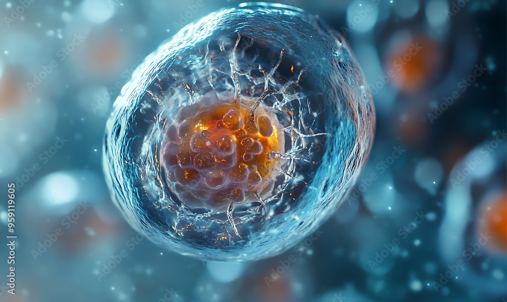 Aufkleber a close-up view of a single cell with a crystalline outer membrane and an orange inner core