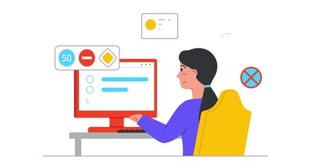 Education process in driving school. Moving banner with female student sitting in front of computer and answering test questions. Girl pass exam to get drivers license. Cartoon flat animated graphics