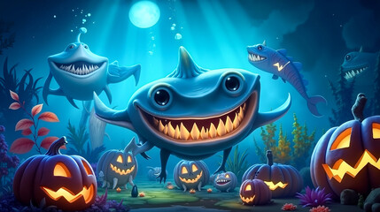 Fototapeta premium A group of sharks and pumpkins in the ocean with a full moon in the background