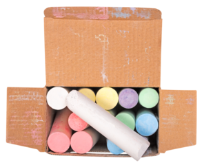 Cardboard box with chalk for drawing on a blackboard at school and outdoors on the sidewalk. Isolated background.