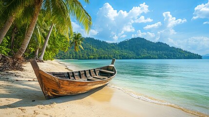 Thailand's stunning tropical beach, Koh Chang's wooden boat, and palm trees