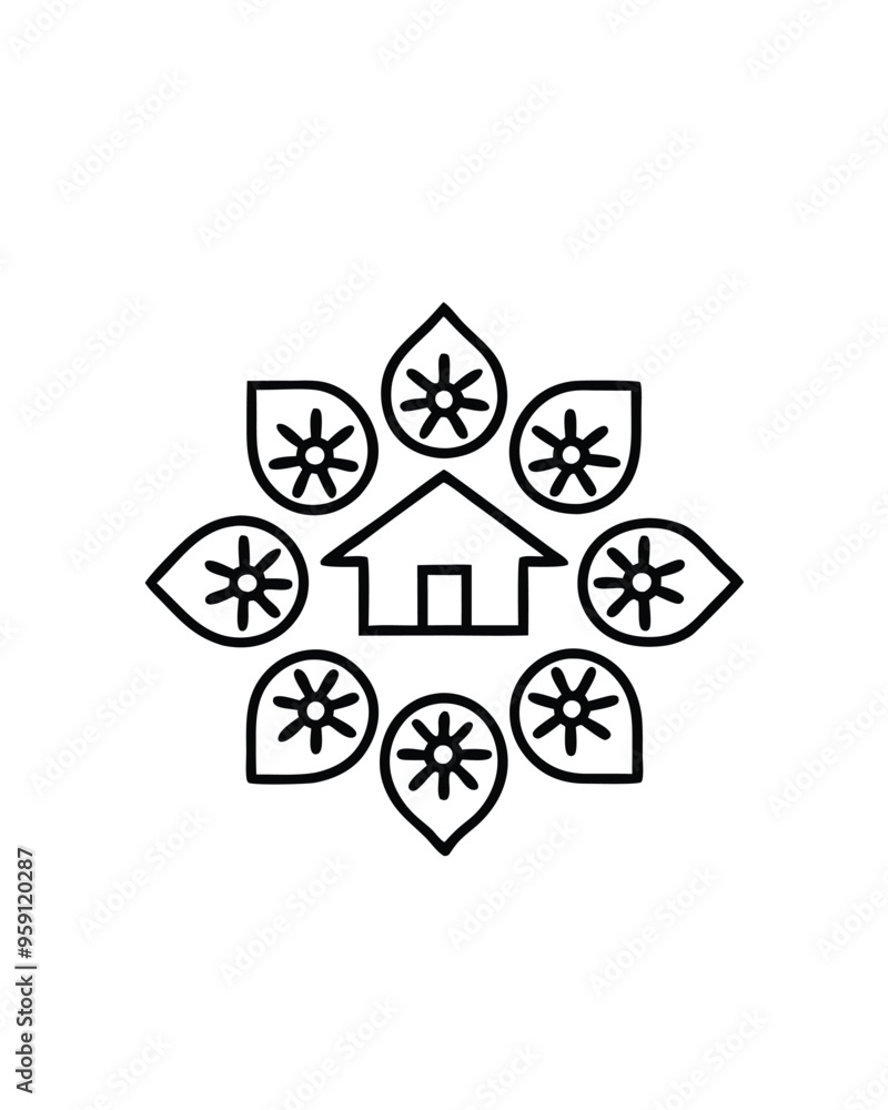 Wall mural editable stroke vector of colorful rangoli designs with a house in the middle.