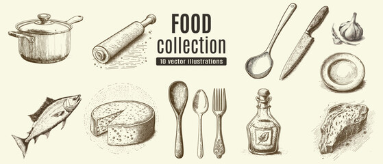 Rural meadow or countryside farm set. A village landscape with cows, goats, and lamb, hills, and a farm.