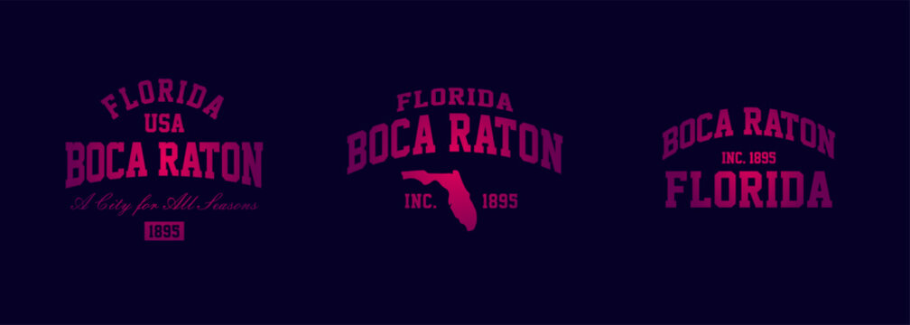 Set t-shirt stamps graphic, Florida logo travel wear typography emblem Boca Raton vintage tee print, sport apparel design shirt graphic print