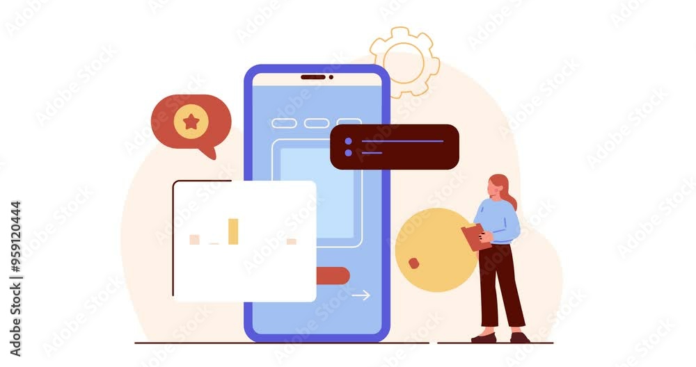 Poster user experience analysis. moving banner with woman developing intuitive user interface for mobile ap