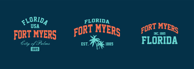 Set t-shirt stamps graphic, Florida logo travel wear typography emblem Fort Myers vintage tee print, sport apparel design shirt graphic print