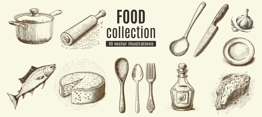 big collection of hand drawn food