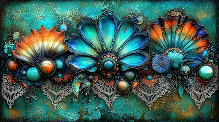   A stunning artwork featuring vibrant blue, orange, and green floral arrangements against a captivating blue and green backdrop, adorned with delicate laces and filigrees