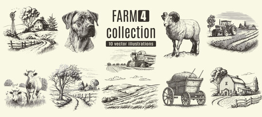 Rural meadow or countryside farm set. A village landscape with cows, goats and lamb, hills and a farm.