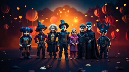 Naklejka premium A group of children dressed up in halloween costumes standing in front of a dark background