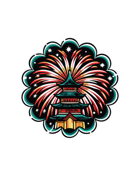 recommend clip art: Editable stroke vector of fireworks exploding in the sky above a pagoda.