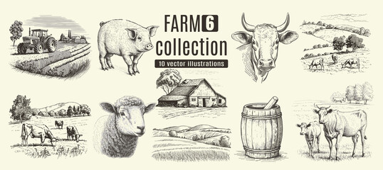 Rural meadow or countryside farm set. A village landscape with cows, goats and lamb, hills and a farm.