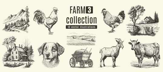 Rural meadow or countryside farm set. A village landscape with cows, goats and lamb, hills and a farm.