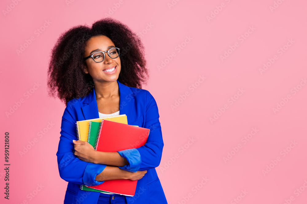 Sticker photo of dreamy lovely charming girl wear stylish blue clothes hold books empty space isolated on pi