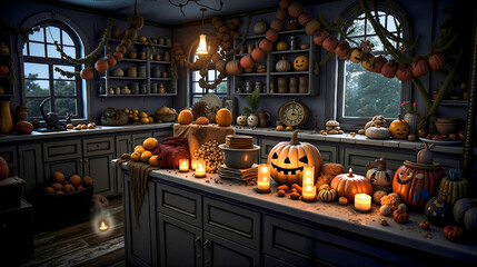 Obraz premium A kitchen filled with lots of pumpkins and candles