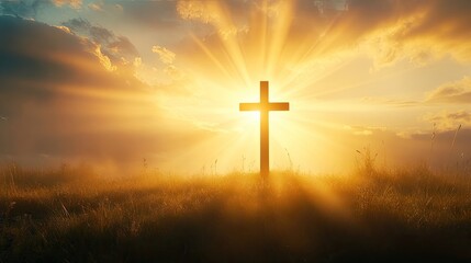 Fototapeta premium A cross standing in the rays of the sun, representing faith and spiritual awakening in a religious context.