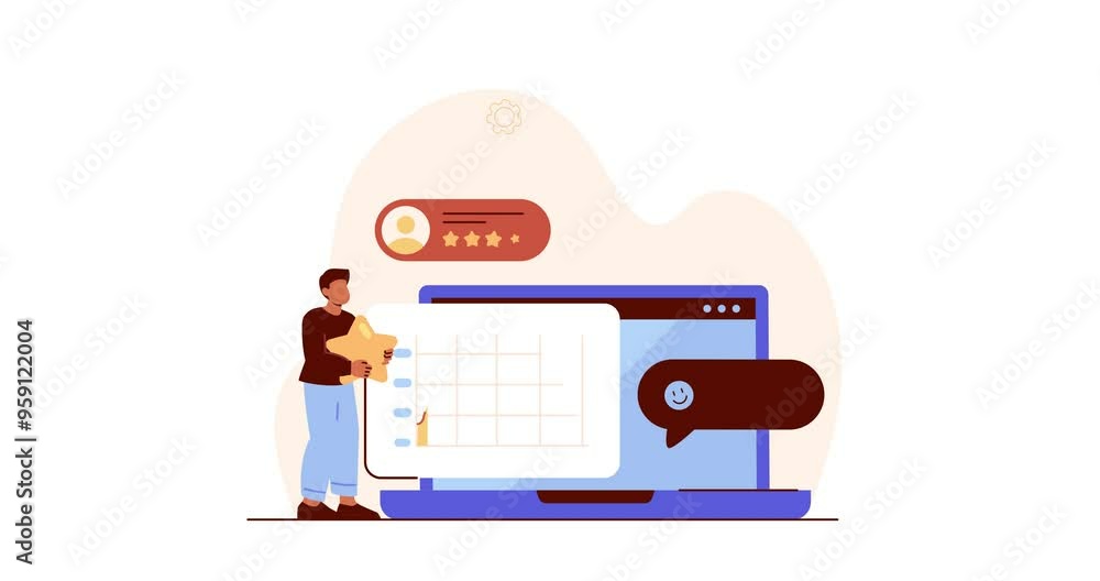Poster user experience analysis. moving banner with man standing next to large laptop and giving feedback t