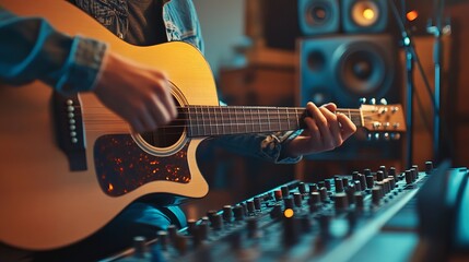 Naklejka premium An enginner using mixer for recording