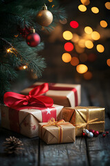 A Christmas tree with a gold ornament hanging from it