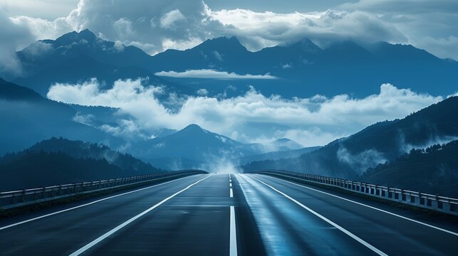 Majestic highway view with misty mountains and rolling clouds in a chinese landscape style