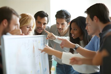 Group of young professionals collaborating around a whiteboard