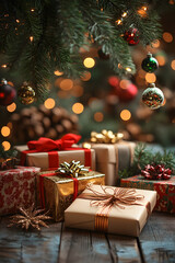 A Christmas tree with many gifts on it