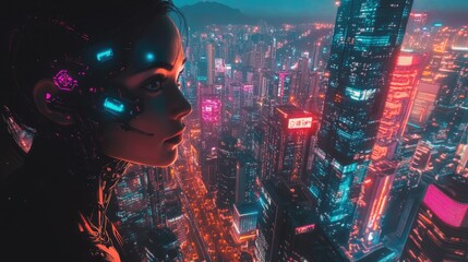 A cyborg woman with a mix of human and machine features, gazing out over a neon-filled city from a high vantage point.