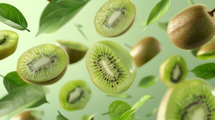 Fototapeta premium Bright and vibrant kiwi slices hover in mid-air, accompanied by green leaves, creating a stunning visual of freshness and vitality, perfect for enhancing a fruit-themed design
