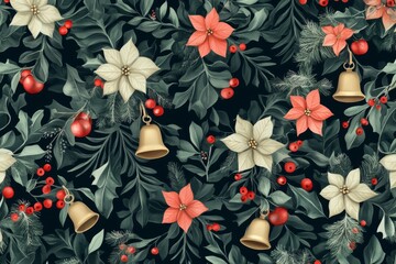 seamless pattern of christmas flowers, bells, and greenery in a modern minimalist style, with simple shapes and a limited color palette, suitable for a contemporary wallpaper or fabric design