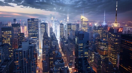 Fototapeta premium Aerial View of Skyscrapers in New York City at Dusk
