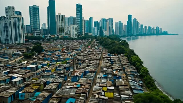 Poor houses on contrast with modern city skyline