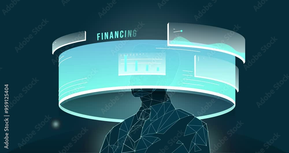 Poster digital trading and investment. moving banner with electronic businessman analyzing financial data o