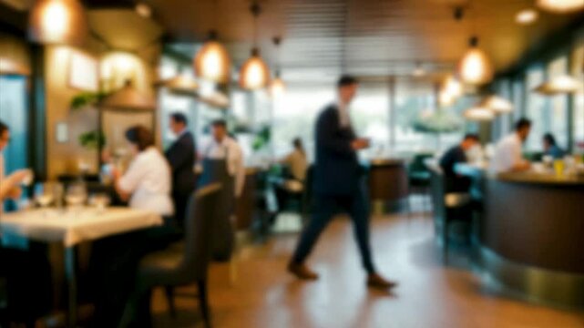 Clients are relaxing in a cozy cafe or restaurant, defocused video. AI generated.