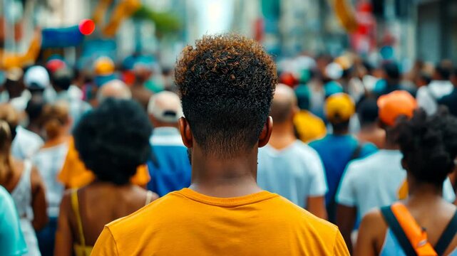 A person of African descent wearing a yellow shirt stands amidst a vibrant city crowd, representing urban diversity and unity during public celebrations like Carnival or Independence Day