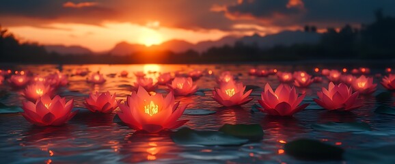 Glowing lotus flowers float on a serene lake at sunset.