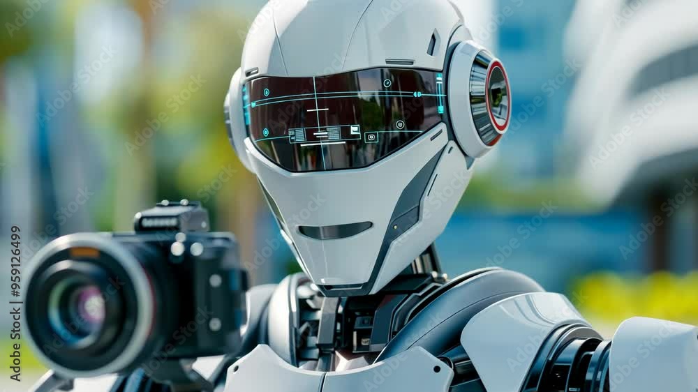 Poster futuristic robot with advanced camera, symbolizing cutting-edge technology and ai innovation, perfec