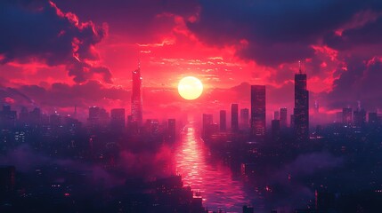 Fototapeta premium A vibrant red sunset over a futuristic cityscape with tall skyscrapers and a river running through the center.