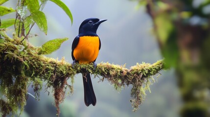 Fototapeta premium Colorful Baltimore oriole perched on moss-covered branch in forest, copy space