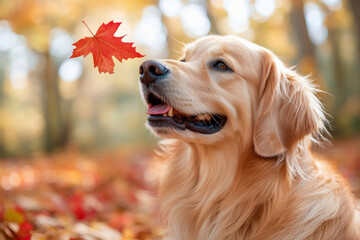 Golden retriever dog in the autumn forest with a red maple leaf