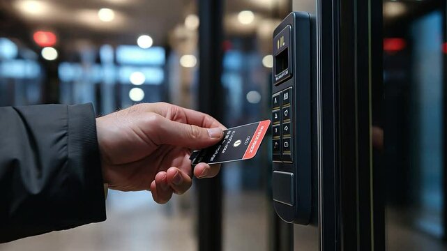 scanning a security key card to gain entry into a private building.
