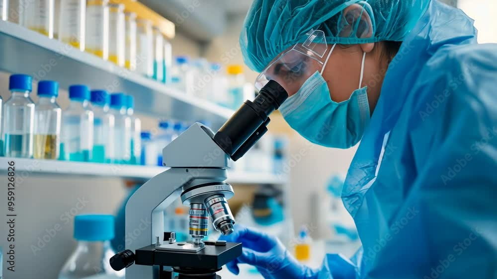 Poster a scientist in full protective gear using a microscope in a modern laboratory, related to research, 