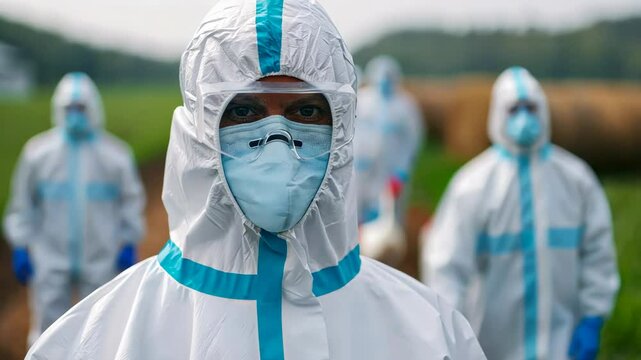 Healthcare workers in full protective gear, including face masks and hazmat suits, conducting field operations, related to pandemic response and public health safety