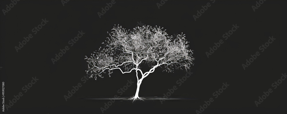 Poster a simple white line drawing on a black background of a tree with branches and leaves. the minimalist