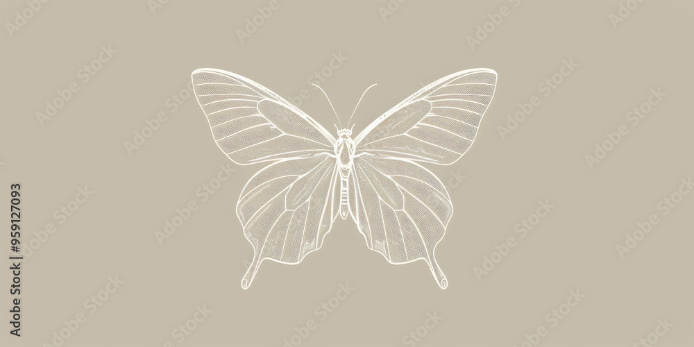 Poster a simple white line drawing of a butterfly in mid-flight, with delicate wings and patterns outlined 
