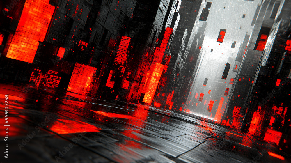 Poster abstract digital landscape with glowing red elements and dark structures in a futuristic city enviro