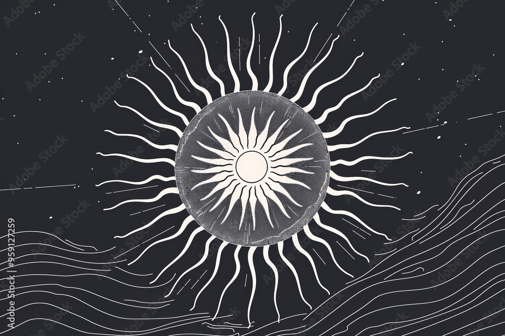 Poster a simple white line drawing on a black background of the sun with rays extending outward. the design