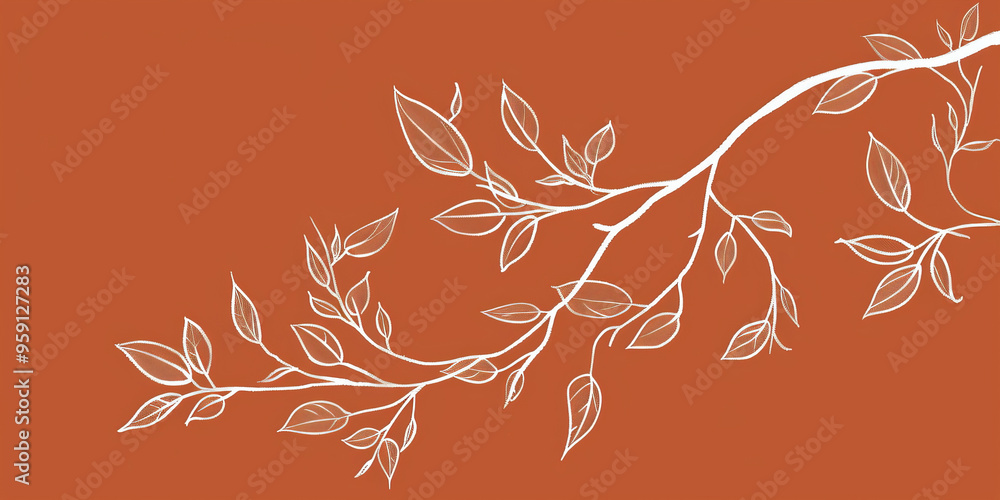 Poster a simple white line drawing on a burnt orange background of a tree branch with a few leaves. the vib